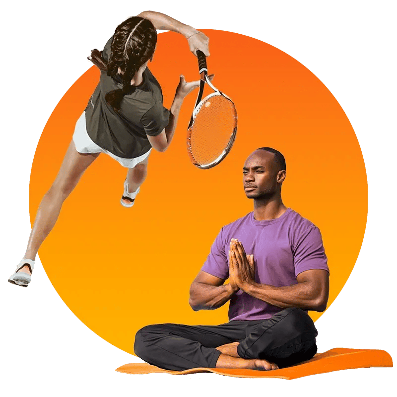 Ein Mann macht Yoga und eine Frau spielt Tennis.